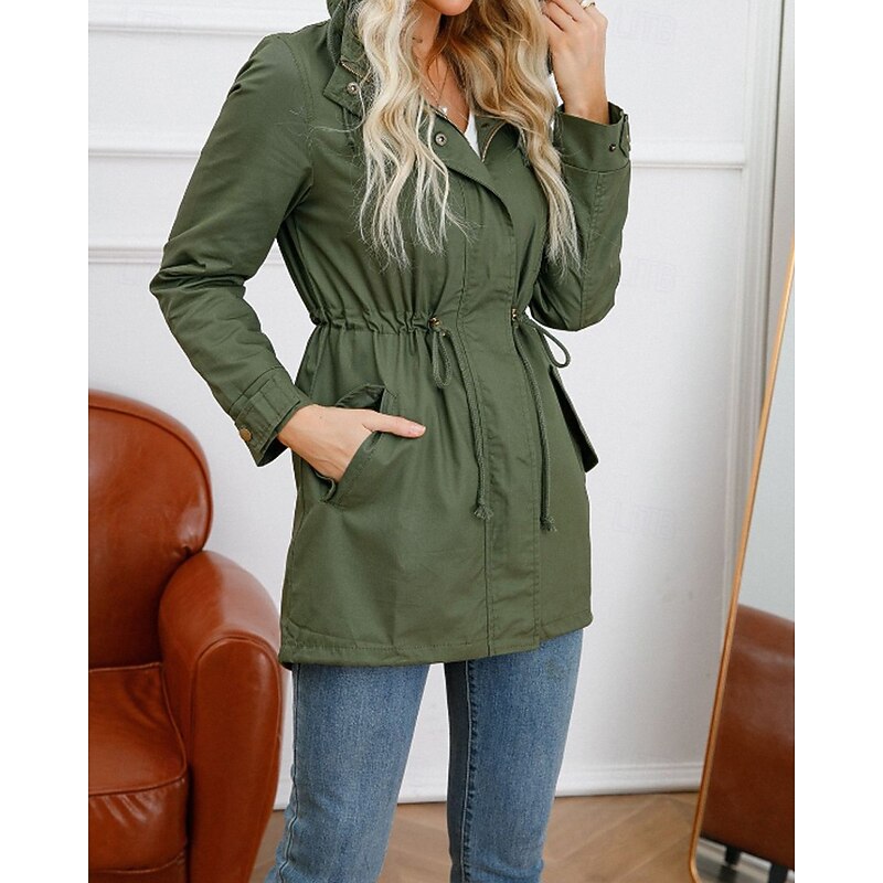 Women's Trench Coat Warm Comfortable Zipper Pocket Fashion Outdoor Plain Going out Weekend Zipper Regular Hooded Regular Fit Long Sleeve Outerwear Black White Army Green Fall Winter