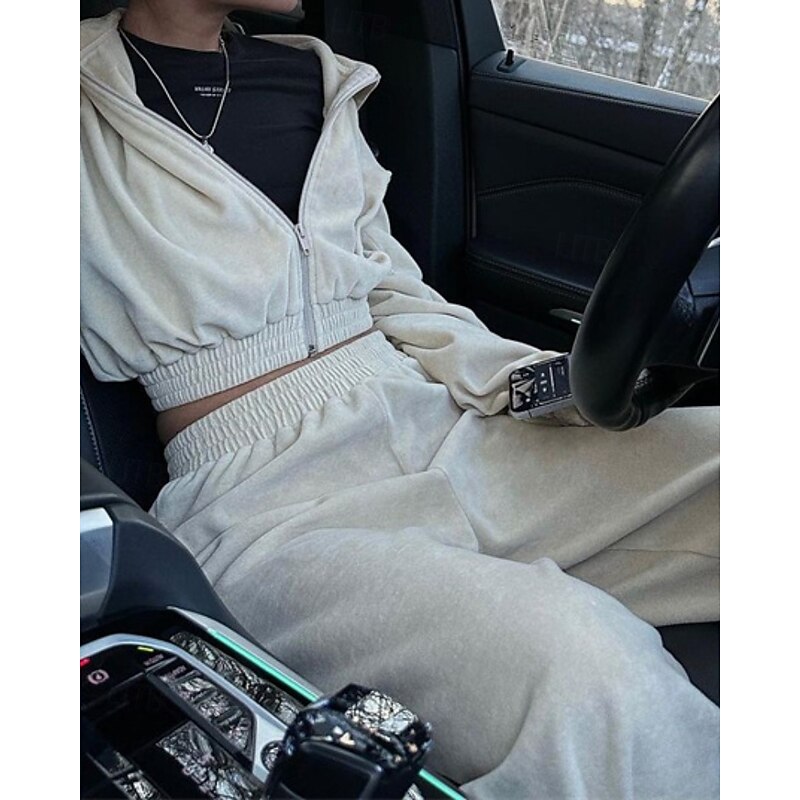 Women's Tracksuit Sweatpants Wide Leg Pants Zipper Pocket Solid Colored Clothing Suit Fall Black Pink Gym Athleisure Running Thermal Warm Windproof Long Sleeve Sport Activewear Stretchy Regular Fit2