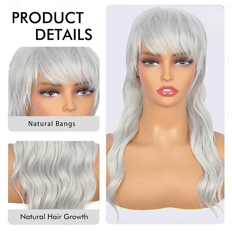 Long Grey Mullet Wig for Women with Bangs 90s 80s Wigs Natural Looking Synthetic Wig With Bangs for Women Wig Halloween Wigs