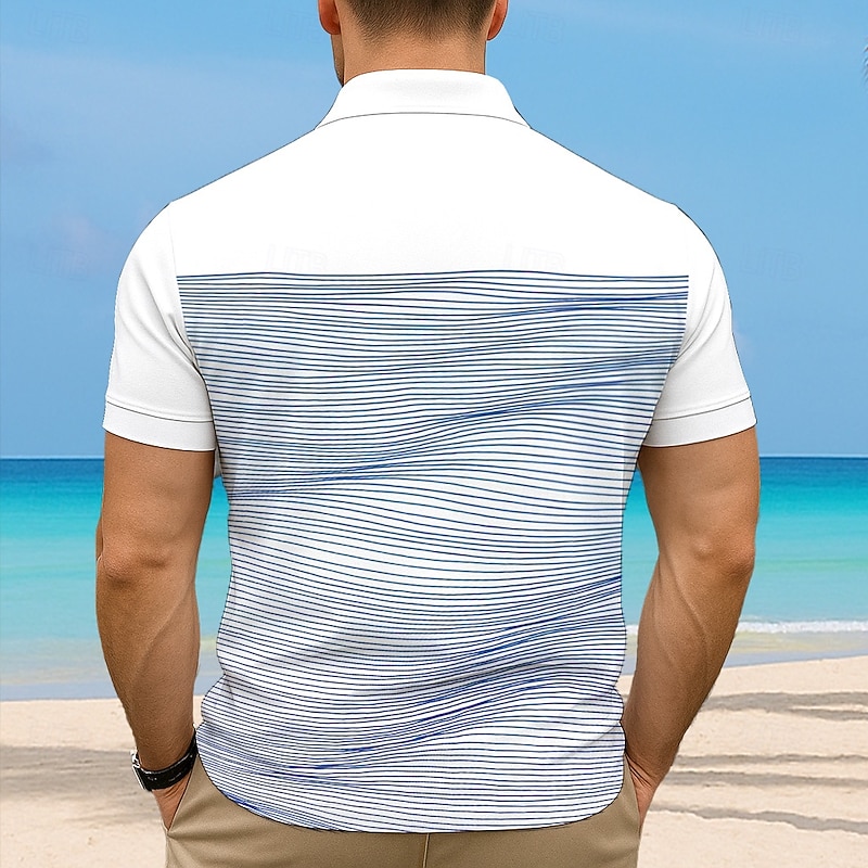 Men's Striped Waves Polo Short Sleeve Polo Collar Vacation Athleisure Casual Daily 3D Print Buttons Summer Violet Robin's Egg Blue Green4