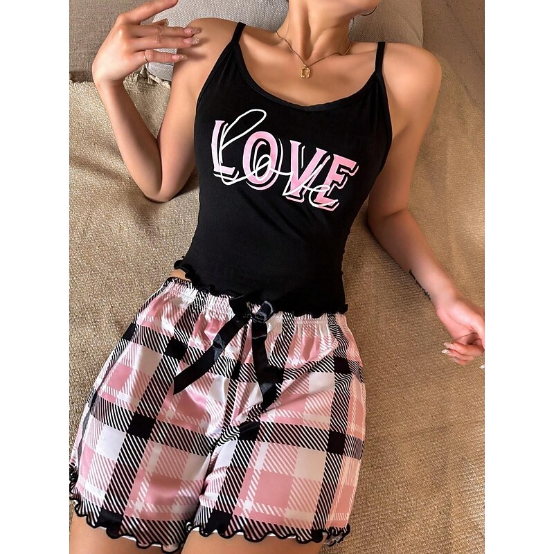 Women's Pajama Set Casual Comfort Heart Grid / Plaid Letter Elastic Waist Strap Top Shorts Home Daily Sleeveless Straps Black White Gold Brown Summer Regular Fit3