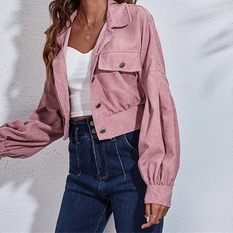 Women's Casual Jacket Warm Comfortable Corduroy Fashion Outdoor Plain Going out Weekend Zipper Regular Turndown Regular Fit Long Sleeve Outerwear Pink Fall Winter2