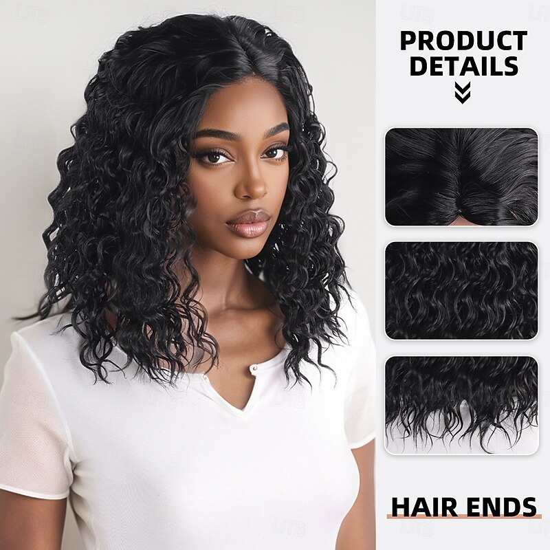 Synthetic Wig Wavy Afro Curly Asymmetrical With Bangs Machine Made Wig 14 inch A1 Synthetic Hair Women's Classic Comfortable Color Gradient Black2
