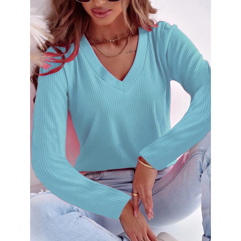 Women's Blouse Solid Color Basic Casual Long Sleeve V Neck Regular Tops Daily Blue Fuchsia Light Blue Summer Spring3