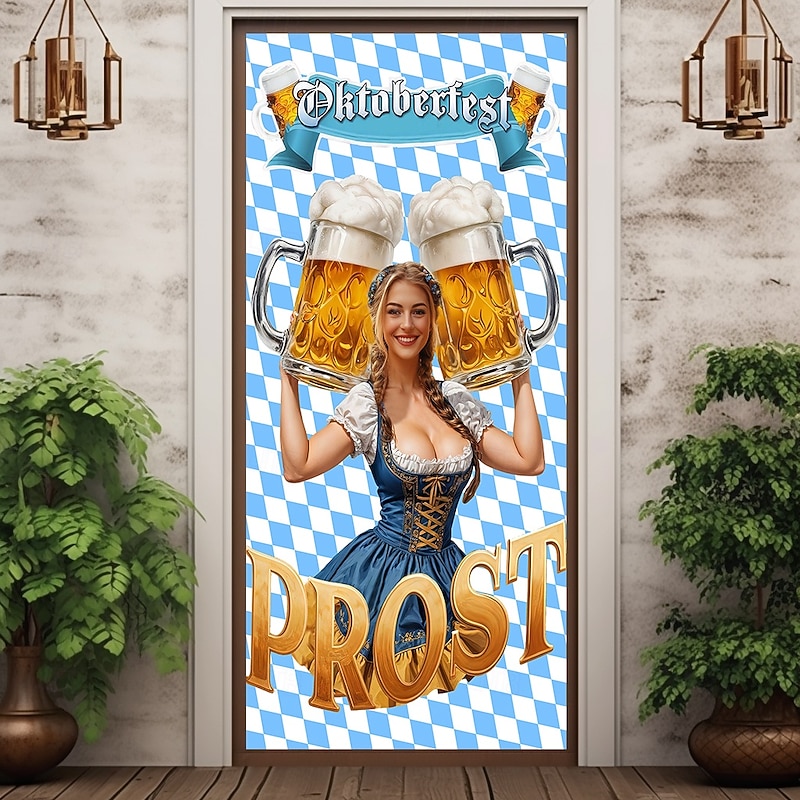 Oktoberfest Door Decorations German Bavarian Beer Door Covers Door Tapestry Blue White Plaid Decoration Backdrop Indoor/Outdoor Door Banner for Front Door Office Door