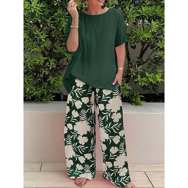 Women's Fashion Streetwear Daily Pants Sets Short Sleeve Crew Neck Floral Graphic Print Casual Daily Black Blue Orange Summer Regular Fit