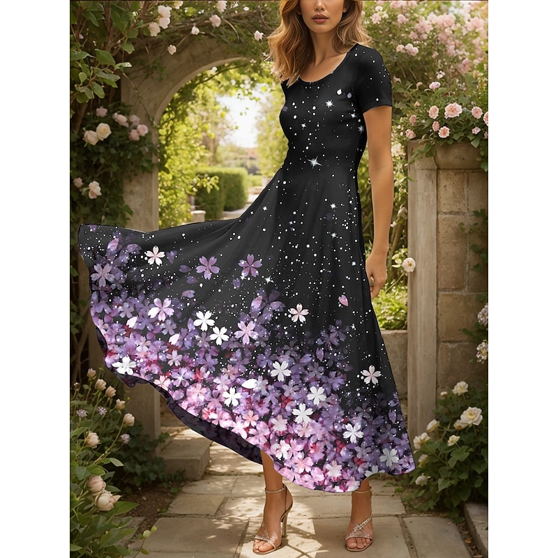 Women's Maxi Dress Knit Dress Casual Dress A Line Dress Summer Dress Elegant Vacation Casual Regular Fit Ombre Floral Graphic Short Sleeve Square Neck Pink Blue Purple Green Summer