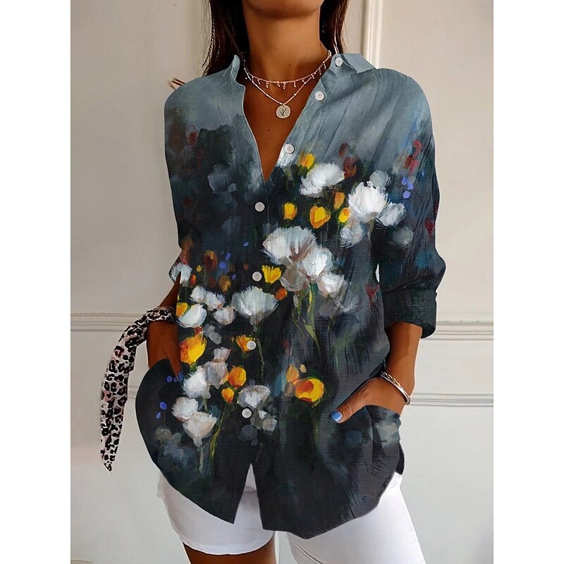 Women's Shirt Floral Animal Active Daily Stylish Long Sleeve Shirt Collar Regular Tops Daily Holiday Buttons Print Black Gray Spring Fall