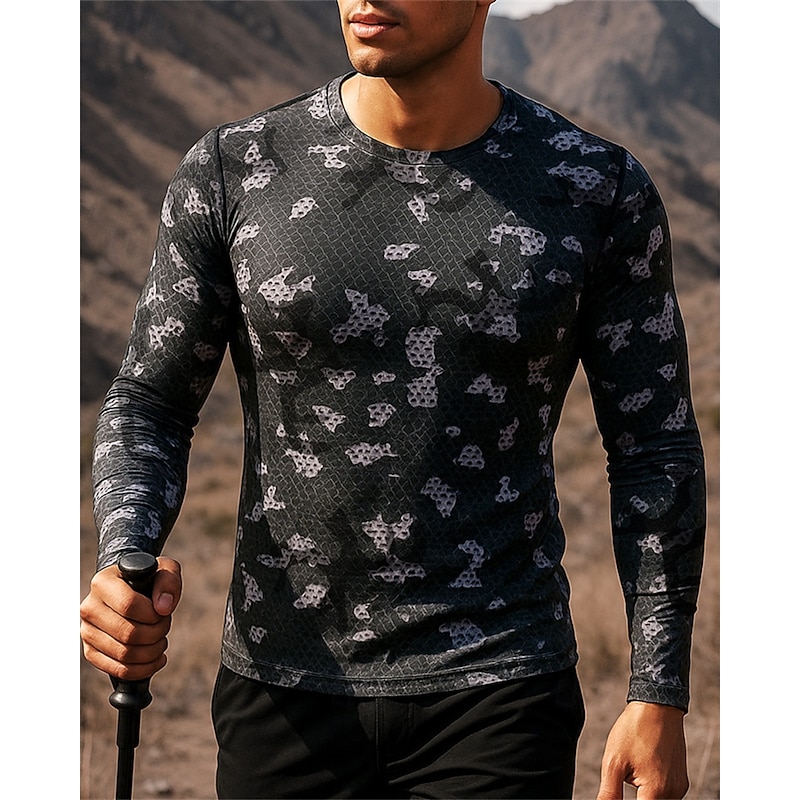 Men's Hiking top Tee shirt Long Sleeve Crew Neck Tee Tshirt Top Outdoor Quick Dry Lightweight Elastic Breathable Pullover Polyester Camo Royal Blue Blue Grey Tennis Golf Running