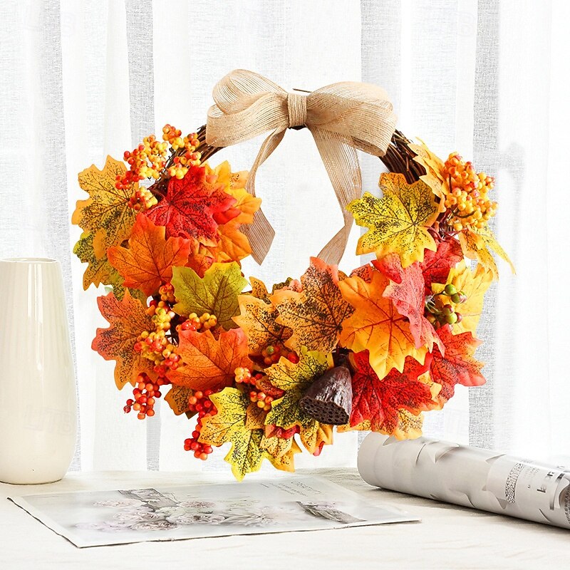 Fall Wreath for Front Door Thanksgiving Autumn Harvest Indoor Outdoor Decoration, Artificial Maple Leaf Grapevine Wreath Rustic Fall Wall Hanging Decor