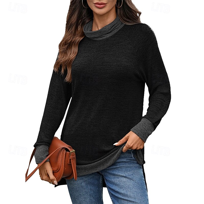 Women's T Shirt Color Block Casual Long Sleeve Turtleneck Regular Tops Daily Weekend Patchwork Black Army Green Navy Blue Blue Brown Fall2