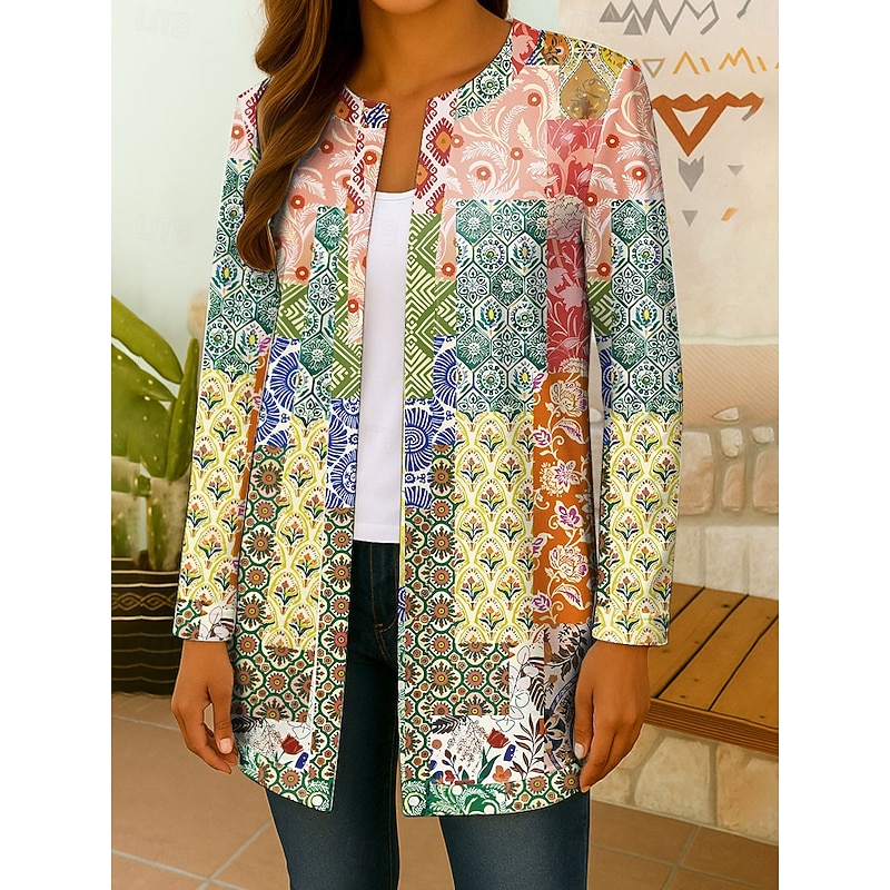Women's Blazer Comfortable Breathable Print Open Front Elegant Vintage Fashion Boho Vintage Floral Work Casual Open Front Short Turndown Regular Fit Long Sleeve Outerwear Yellow Red Green Fall Winter2