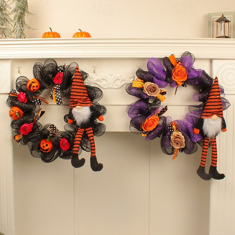Halloween Gnome Wreaths for Front Door Indoor Outdoor Decoration, Gnome and Faceless Man Wreath for Spooky Halloween Party Haunted House Decor3