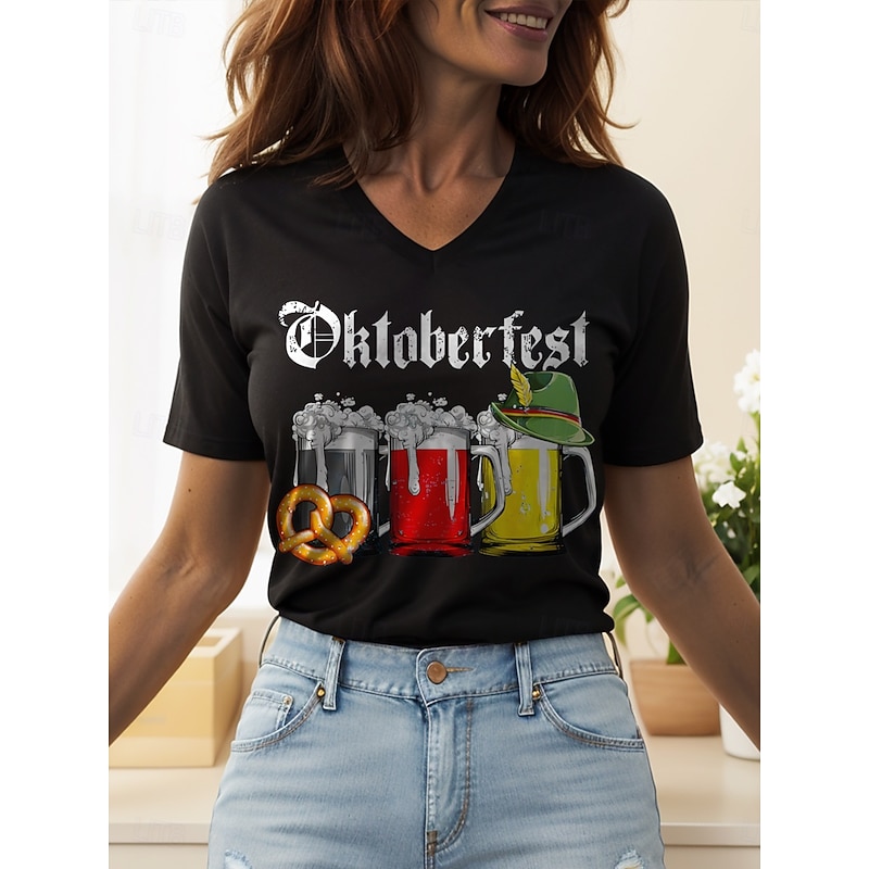 Oktoberfest Women's T Shirt Graphic Letter Vintage Stylish Classic Short Sleeve V Neck Regular Tops Daily Print Black White Yellow Red Blue Summer Spring