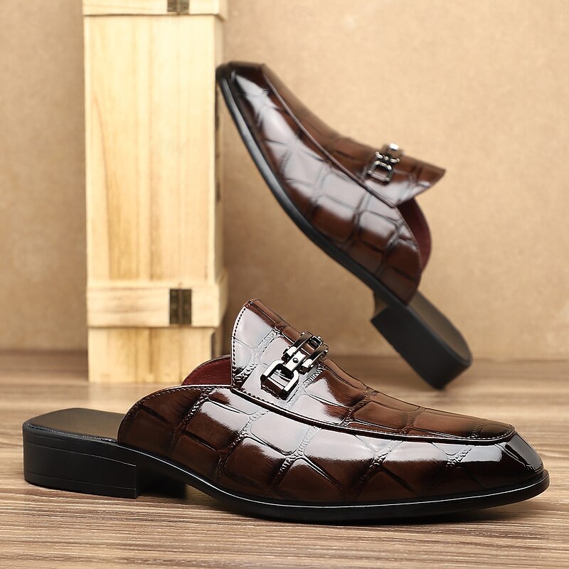 Men's Brown Glossy Slip-On Loafers – Crocodile Embossed Pattern with Metal Bit Detail, Elegant Dress Shoes for Formal Events, Business and Weddings3