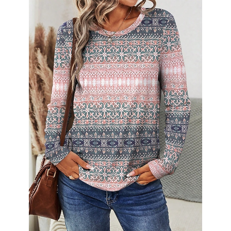 Women's T shirt Long Sleeve Crew Neck Long Sleeve Tunic Graphic Geometric Stylish Casual Trendy Regular Tops Daily Weekend Print Pink Blue  Fall Prefall