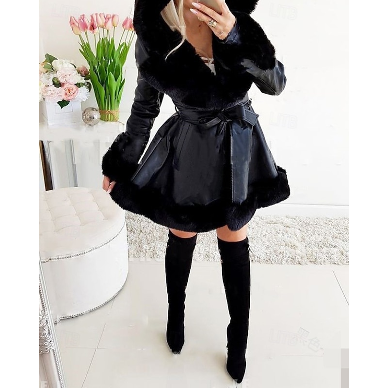 Women's Coat Warm Comfortable Fur Collar Fashion Outdoor Plain Outdoor Vacation Long Hooded Regular Fit Long Sleeve Outerwear Black Beige Fall Winter2