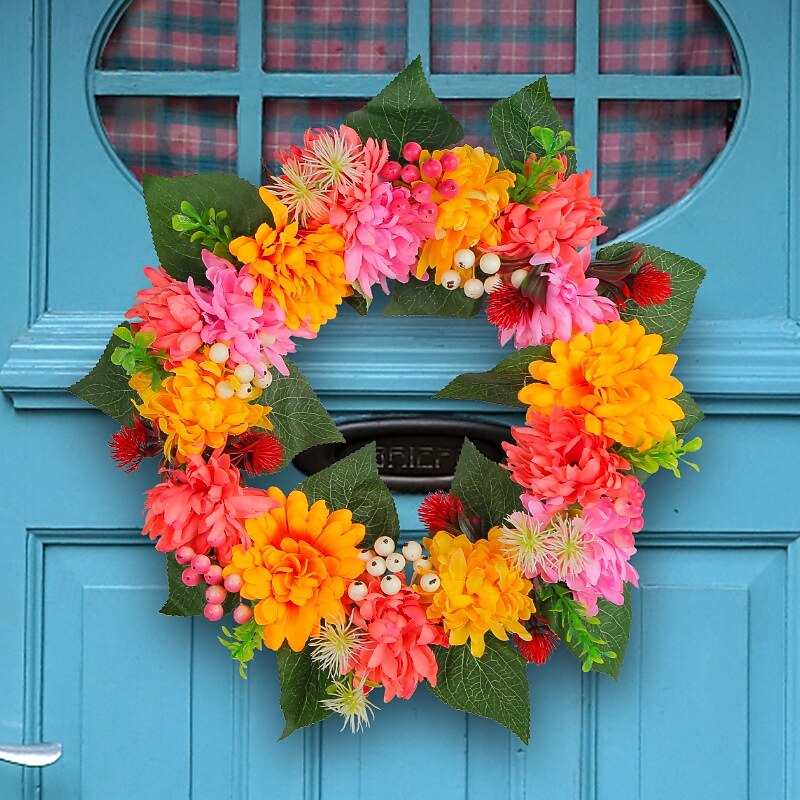 Fall Wreath for Front Door Thanksgiving Autumn Farmhouse Indoor Outdoor Decoration, Artificial Chrysanthemum Floral Wreath with Fall Leaves, Rustic Harvest Garden Door Hanging Decor