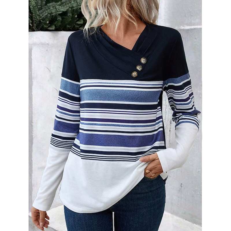 Women's T Shirt Graphic Striped Vintage Stylish Classic Long Sleeve Asymmetric Neck Regular Tops Daily Weekend Print Blue Summer