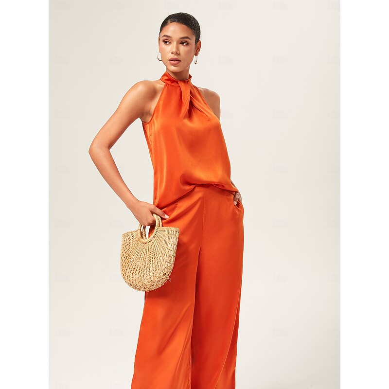 Orange Stand Collar Wide Leg Pants Set3