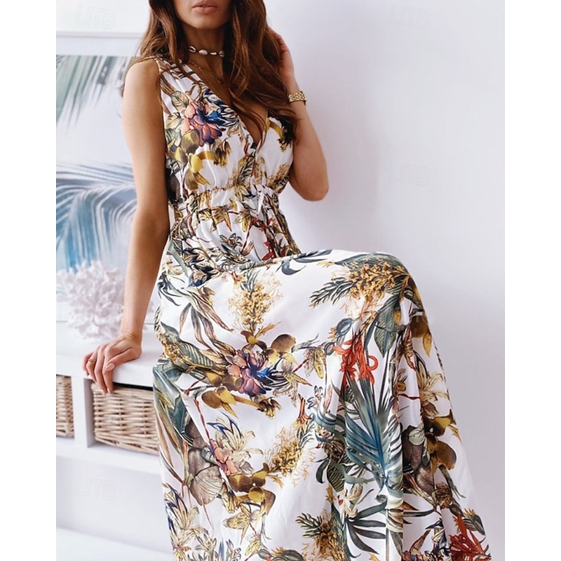 Women's Long Dress Maxi Dress Floral Dress Print Dress Fashion Modern Outdoor Vacation Holiday Regular Fit Flower Sleeveless V Neck Black White Green Summer