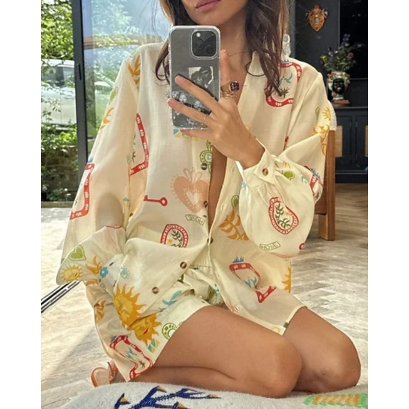Women's Active Streetwear Shirt Blouse Shorts Sets Long Sleeve Shirt Collar Floral Print Vacation Casual Daily Beige Fall Regular Fit2