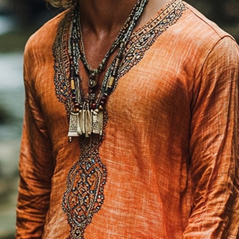 Men's Linen Shirt Summer Shirt Vintage Shirt Ethnic Shirt Long Sleeve Shirt Boho Vacation Street Orange Long Sleeve V Neck Summer Spring Clothing Apparel Ethnic2