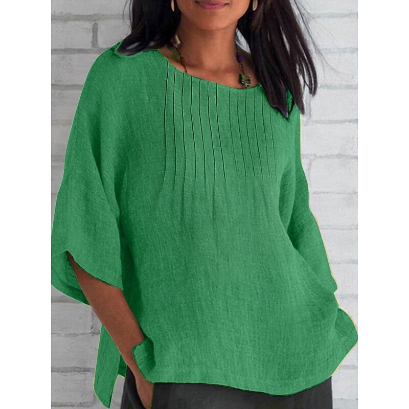 Women's Cotton Linen Shirts Solid Color Casual 3/4 Length Sleeve Boat Neck Regular Tops Daily White Pink Orange Green Summer Spring