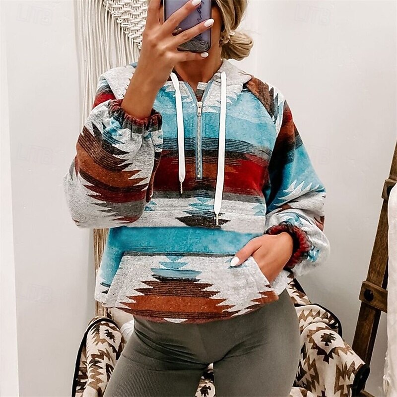 Women's Pullover Hoodie Sweatshirt Tribal Streetwear Casual Comfy Long Sleeve Hooded Regular Tops Street Holiday Going out Print Quarter Zip Blue Fall