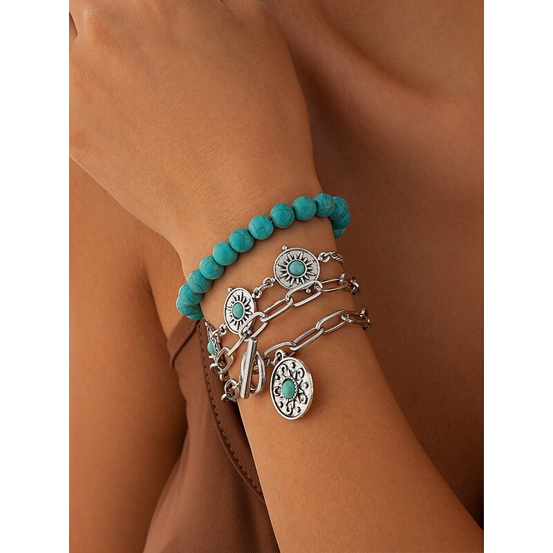 Women's Boho Turquoise Charm Bracelet Set with Leather Wrap and Cactus Pendant, Vintage Western Style Jewelry for Cowgirl Festival Outfits, Parties and Summer Holidays