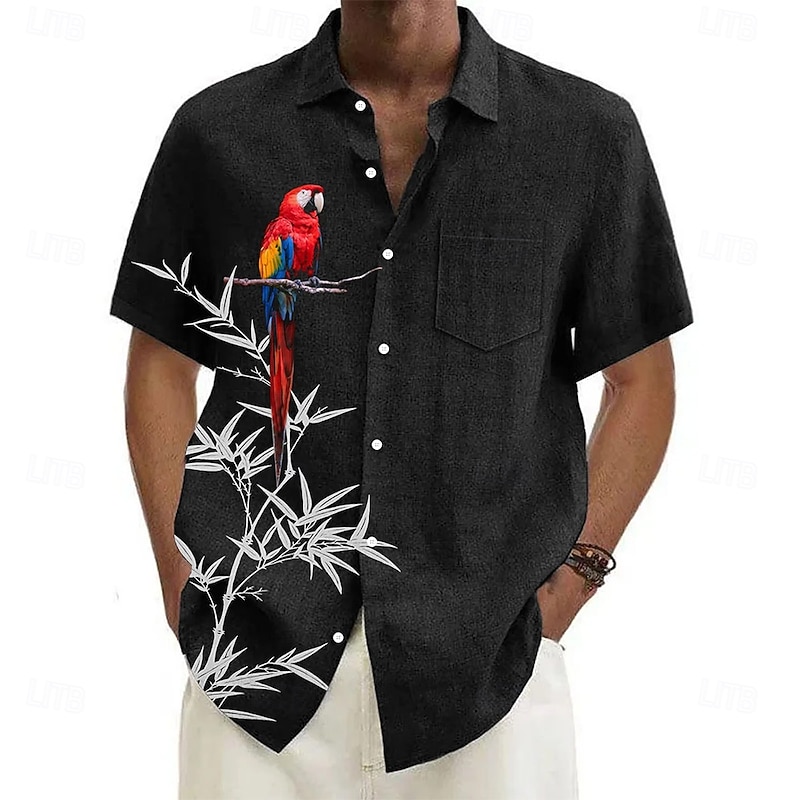 Men's Bird Plants Parrot Summer Hawaiian Shirt Button Up Shirt Aloha Shirt Short Sleeve Hawaiian Vacation Holiday Beach Wear Summer Spring Turndown 3D Print Front One Pocket Linen Like Shirt Black