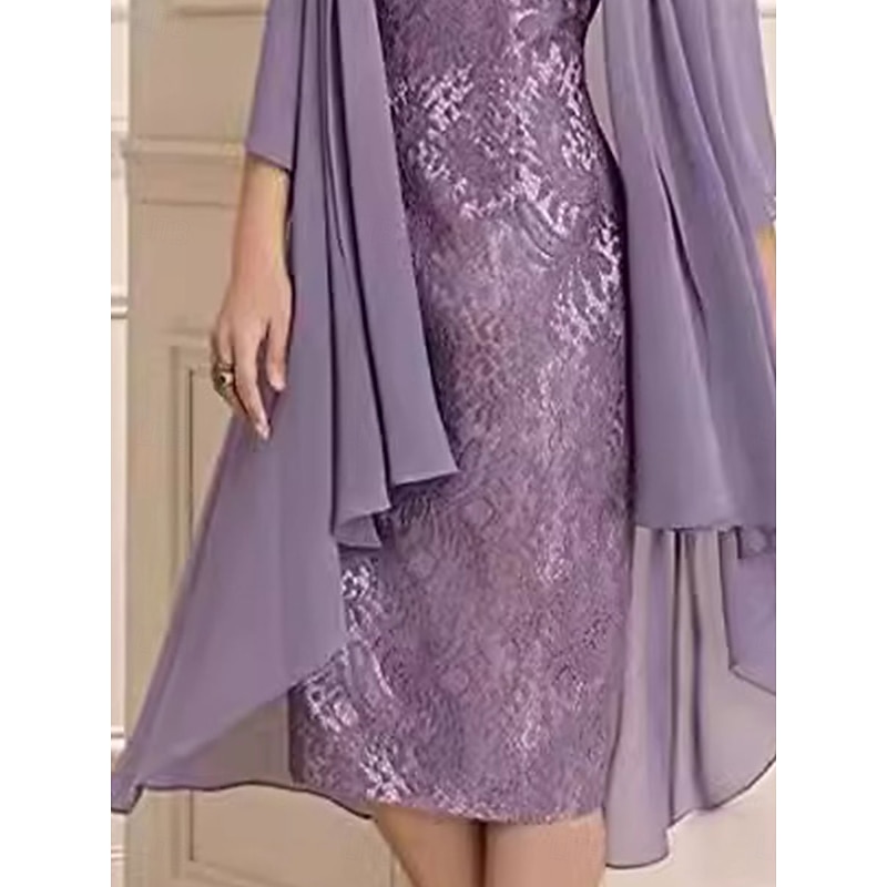 Two Piece Dress Sets Mother of the Bride Dress Elegant Simple Sweetheart Knee Length  3/4 Length Sleeve with Solid Color3