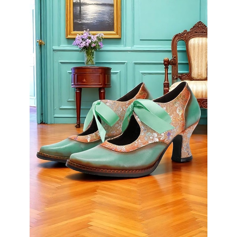 Women's Vintage Floral Lace-Up Heels – Elegant Green & Gold Victorian-Style Shoes for Special Occasions
