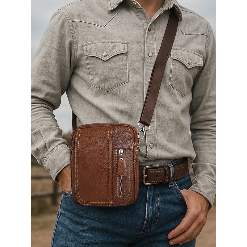 Men's genuine leather messenger bag with zipper pocket, Retro style, Can be inserted into the belt to use as a waist bag, Suitable for outdoor travel, Hiking, Camping or western cowboy wear