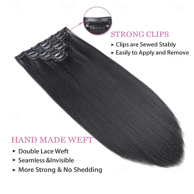 14 Inch Kinky Straight Clip in Hair Extensions Natural Black 7 Pcs Seamless Yaki Straight Clip in Hair for Black Women 100G Full Head Yaki Straight Synthetic Hair3