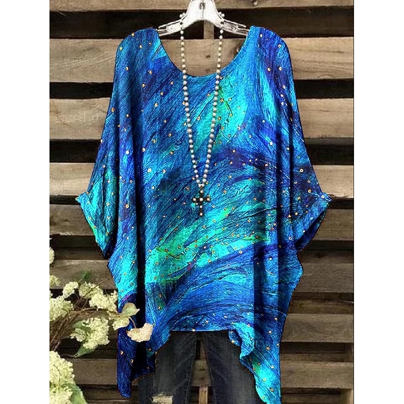 Women's Boho Shirt Floral Graphic Elegant Bohemia Active Short Sleeve Batwing Sleeve Crew Neck Regular Tops Daily Holiday Beach Wear Black White Red Blue Purple Summer Spring