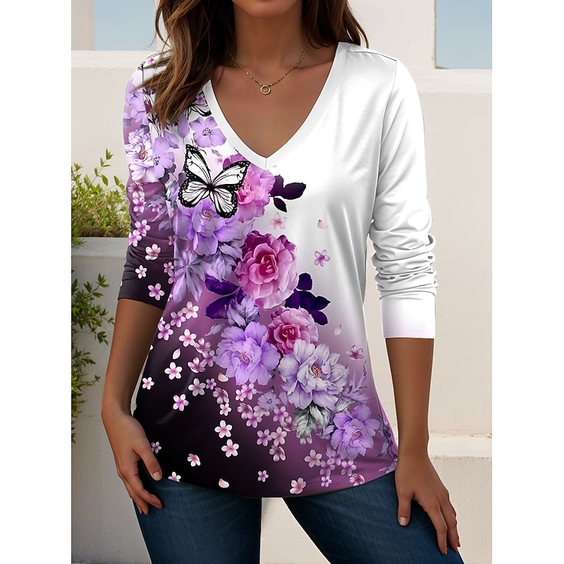 Women's T shirt Long Sleeve V Neck Long Sleeve Tunic Floral Graphic Plants Vintage Stylish Classic Tops Daily Going out Weekend Print Light Green Blue Sky Blue Purple Green Spring Fall Prefall3