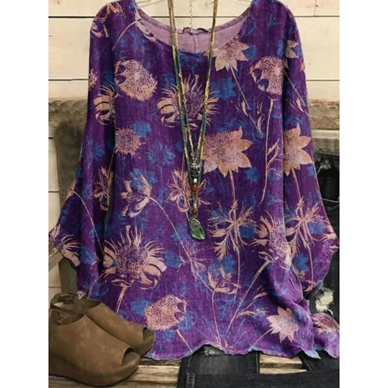 Women's Shirt Floral Geometric Vintage Daily 3/4 Length Sleeve Crew Neck Regular Tops Daily Holiday Print Navy Blue Blue Purple Green Summer4