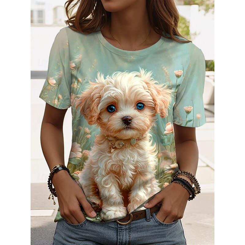 Women's T Shirt Graphic Animal Dog Stylish Classic Casual Short Sleeve Crew Neck Regular Tops Daily Weekend Print Grass Green Blue Dusty Blue Orange Green Summer Spring4