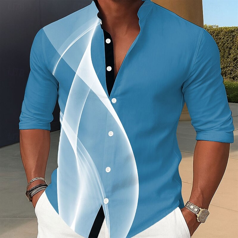 Men's Geometric Gradient Line Shirt Stand Collar Shirt Casual Dress Shirt Long Sleeve Business Casual Vacation Home Daily Summer Spring Mandarin Collar Band Collar 3D Print Button Up Shirts Black3