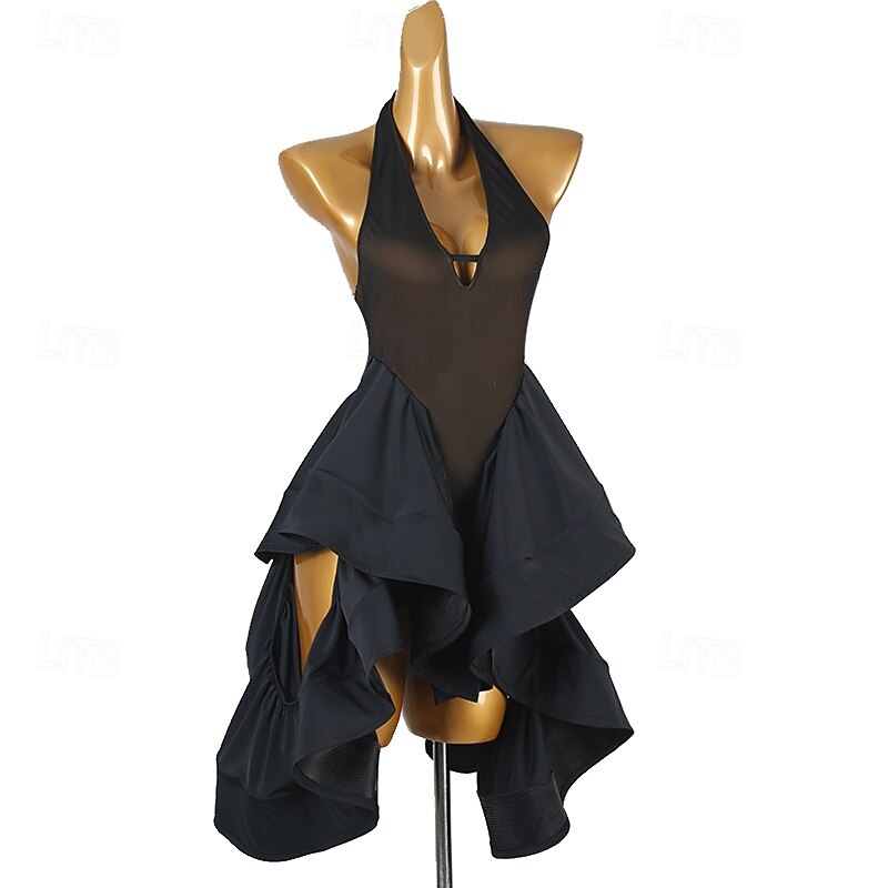 Latin Salsa Dance Dress Pure Color Splicing Women's Performance Training Sleeveless Chinlon Mesh3