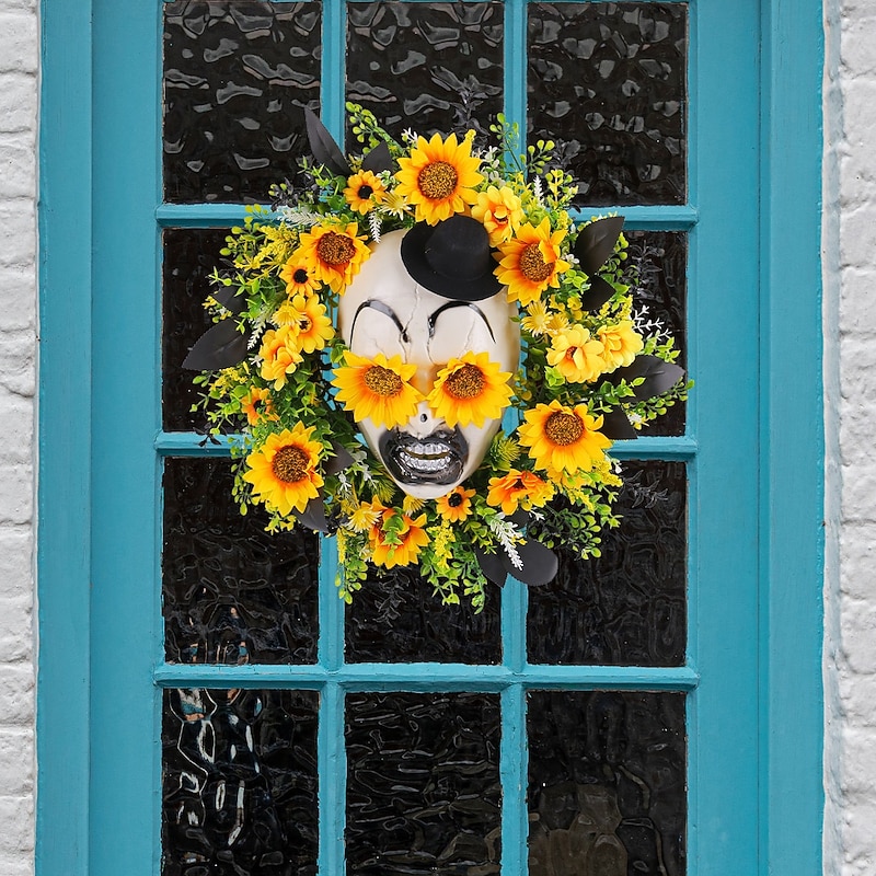 Halloween Wreaths for Front Door Indoor Outdoor Decoration, Sunflower Skull Top Hat Floral Wreath for Holiday Porch Wall Hanging Decor2