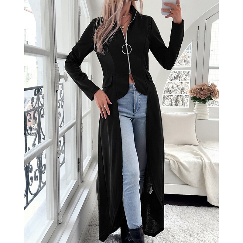 Women's Casual Jacket Comfortable Zipper Irregular Hem Elegant Fashion Plain Street Weekend Zipper Long Stand Collar Regular Fit Long Sleeve Outerwear Black Burgundy Fall Winter3