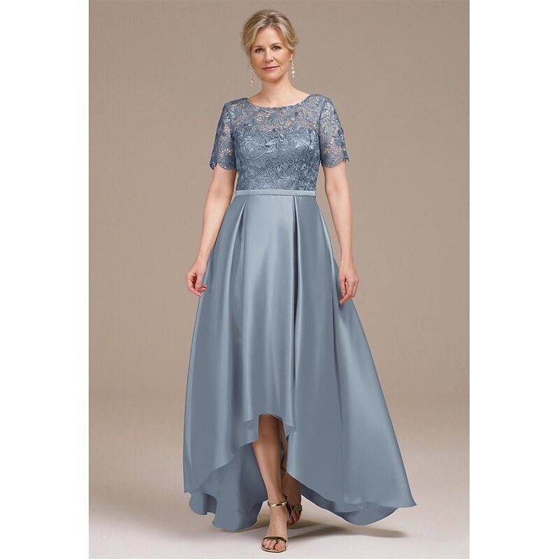 A-Line Mother of the Bride High-low Dress Elegant Simple Minimalist Boat Neck Floor Length Satin Short Sleeve with Floral Lace