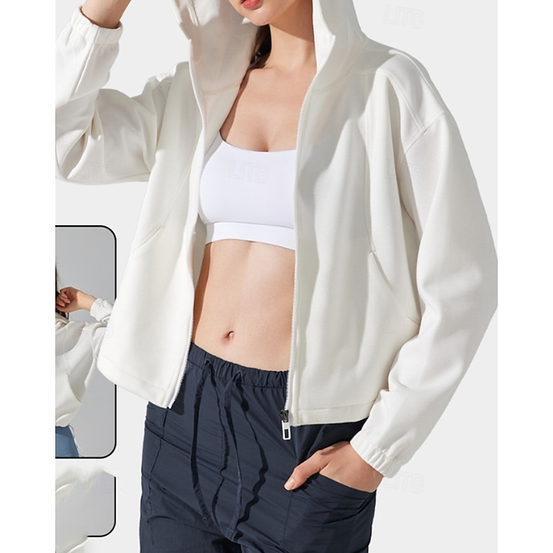 Women's Full Zip Hoodie Outdoor Jacket Hooded Jacket Sport Jacket Zipper Pocket Long Sleeve Top Athleisure Fall Solid Colored Cotton Thermal Warm Windproof Pilates Running Yoga Sportswear Activewear