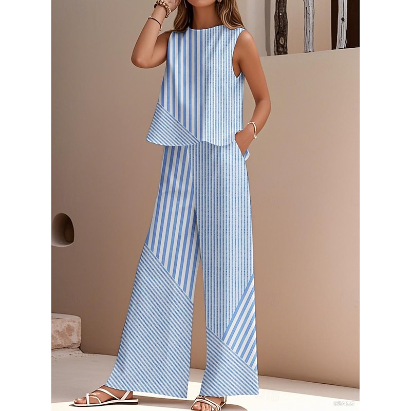 Women's Elegant Fashion Streetwear Two Piece Sets Blouse Vest Pants Trousers Sleeveless Crew Neck Outdoor Work Casual Striped Print Vacation Daily Holiday Pink Blue Green Summer Regular Fit