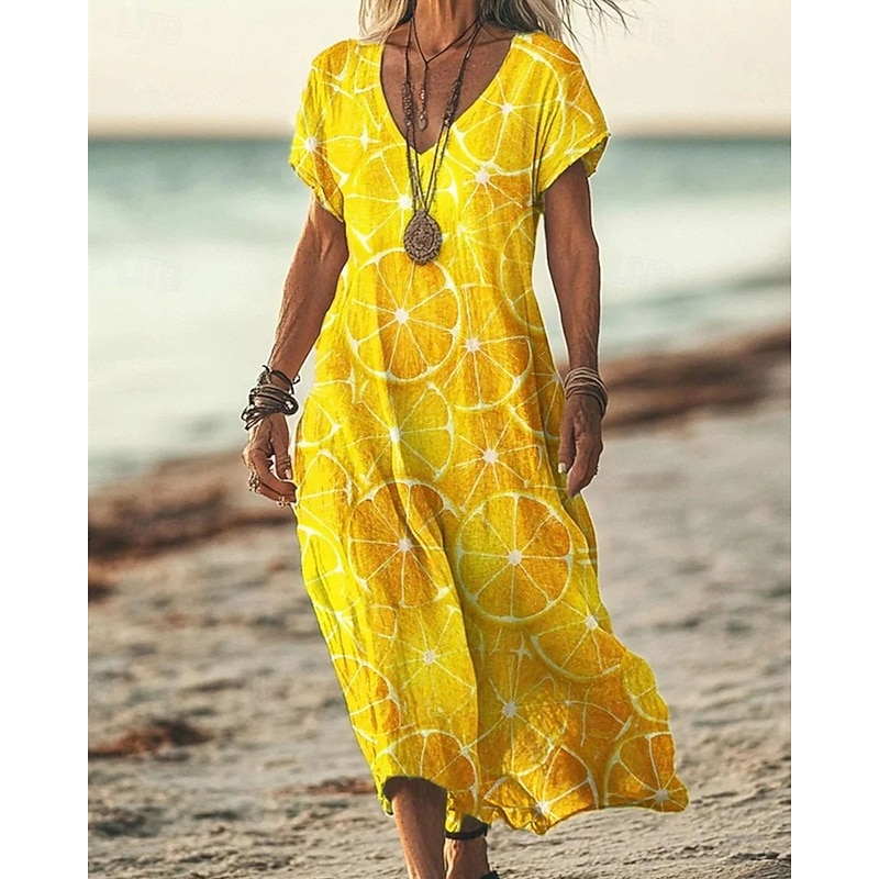 Women's Long Dress Maxi Dress Casual Dress Summer Dress Fashion Outdoor Party Holiday Regular Fit Flower Short Sleeve V Neck Yellow Blue Purple Brown Summer