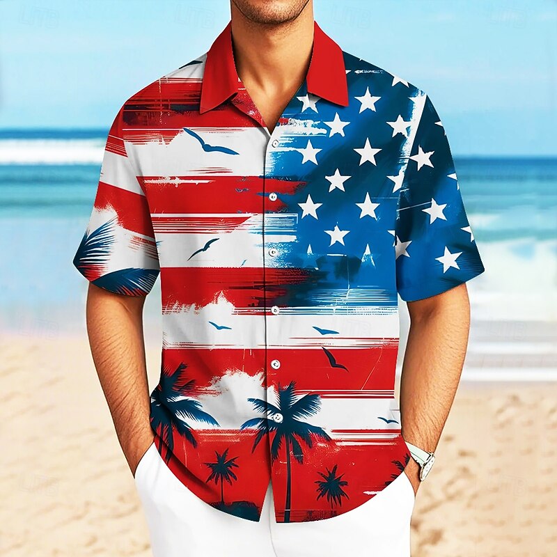 Independence Day Men's American US Flag Patriotic Shirt Casual Shirt Cuban Collar Shirt Short Sleeve Fashion Casual Holiday Streetwear Summer Spring Camp Collar Shirt 3D Print Button Up Shirts White