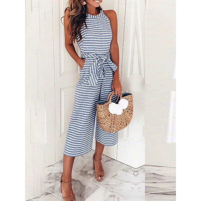 Women's Normal Jumpsuit Active Striped Sleeveless Halter Neck Pocket Print Vacation Daily Regular Fit Pink Blue Green Summer