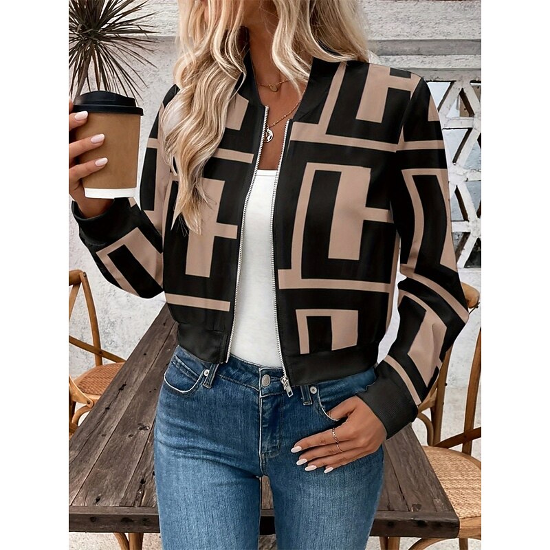 Women's Bomber Jacket Casual Jacket Comfortable Breathable Zipper Print Casual Geometric Vacation Street Casual Daily Wear Zipper Short Stand Collar Regular Fit Long Sleeve Outerwear Khaki Summer4